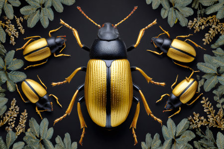 Golden weevil and smaller weevils with black background and green and golden leaves creating a beautiful entomological compositionの素材