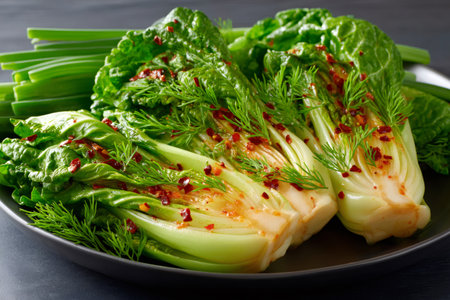 Bok choy halves seasoned with dill and chili flakes are served on a dark plate with spring onions asideの素材