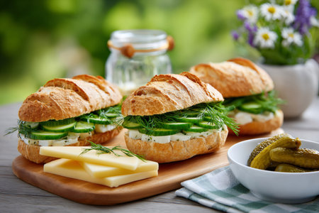Sandwiches with cheese, cucumber and dill on wooden board during a picnicの素材