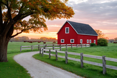 Classic American red barn stands in a green field at sunrise, with grazing cattle and a gravel road leading to itの素材