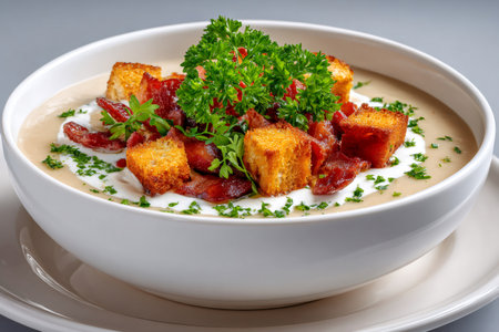 Delicious creamy soup served in a white bowl, garnished with croutons, bacon, sour cream and fresh parsleyの素材