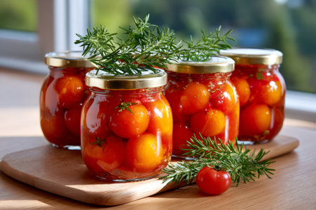 Pickled cherry tomatoes with rosemary in glass jars on wooden cutting board, homemade canned foodの素材