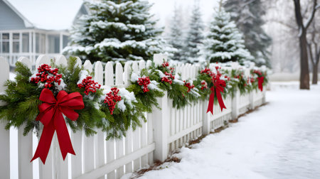 Christmas garland with red berries and red bows decorating a white picket fence covered with snowの素材