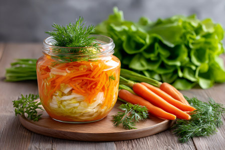 Preserving jar with shredded pickled cabbage and carrot salad decorated with fresh dill on wooden tableの素材