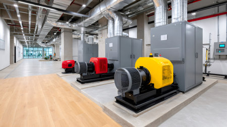 Industrial air conditioning system in the technical room of a building, providing cooling and ventilationの素材