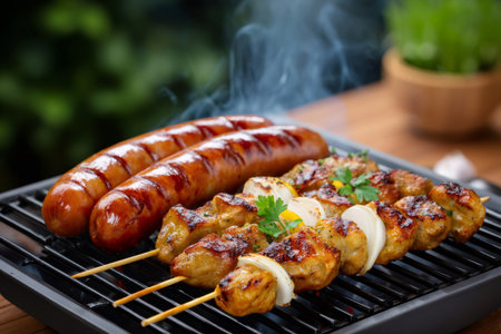 Delicious sausages and chicken skewers grilling on an electric grill, releasing smokeの素材
