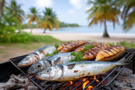 Fresh fish grilling on a barbecue at a beautiful tropical beach with palm trees and turquoise waterの素材