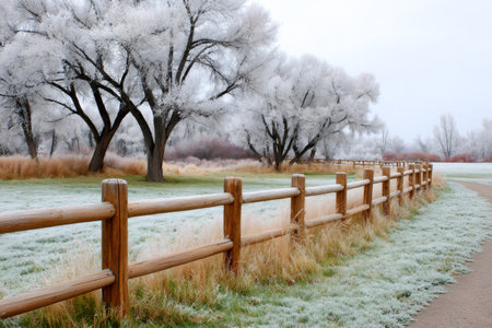 Split rail fence meandering across a frosted field with ice covered trees in the background, creating a serene winter sceneの素材
