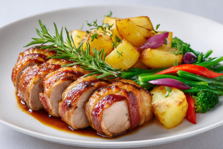 Delicious sliced bacon-wrapped pork tenderloin with roasted potatoes and vegetables, garnished with fresh rosemary, served on a white plateの素材