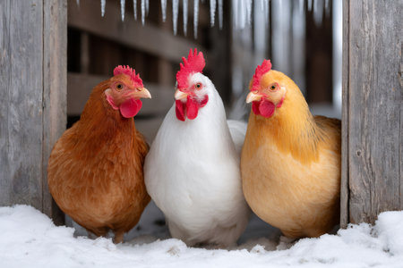 Three hens are standing in the snow in front of their chicken coop in winterの素材