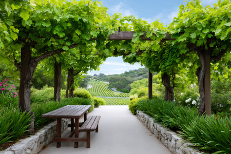 Pathway with table and bench leading to vineyard landscape under grape vines growing over a wooden frameの素材