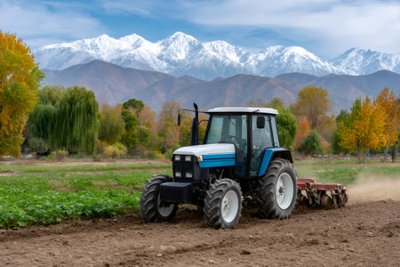 Blue tractor plowing the field in autumn, preparing for next seasonの素材