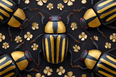 Golden striped beetles and golden flowers arranged in a beautiful symmetrical pattern on a dark background, creating an interesting visual contrastの素材