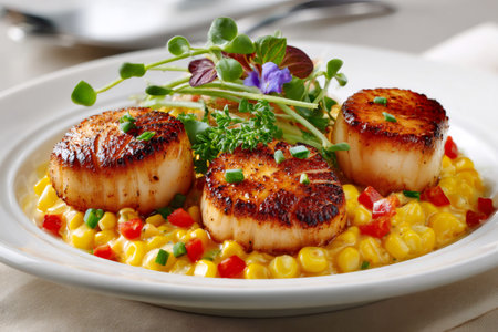 Pan seared scallops served on creamed corn and garnished with microgreens and red bell pepperの素材