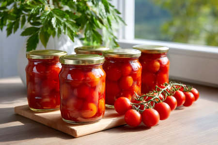 Glass jars filled with pickled cherry tomatoes, preserving the harvest's bounty for winter enjoymentの素材