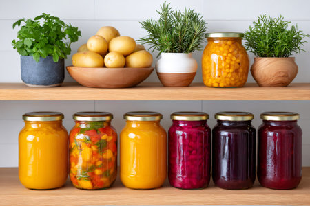 Jars of preserved vegetables and fruits, potatoes and aromatic herbs like basil and rosemary on wooden shelvesの素材