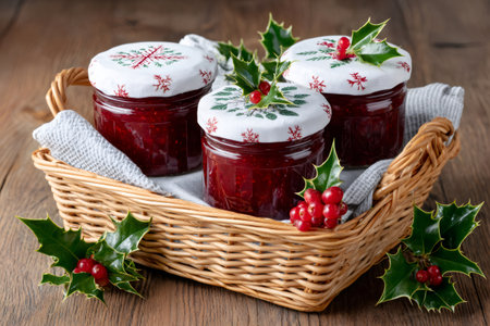Homemade red currant jelly decorated with Christmas-themed fabric and holly leaves and berries in a wicker basketの素材