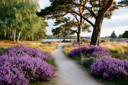 Heather flowers growing along the sandy path in the national park in summer at sunsetの素材