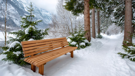 Empty bench inviting to sit and admire snowy mountain view in winter forestの素材