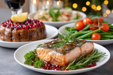 Festive christmas dinner with baked salmon, green beans with cherry tomatoes and christmas cake with pomegranate seeds, enjoying christmas lightsの素材