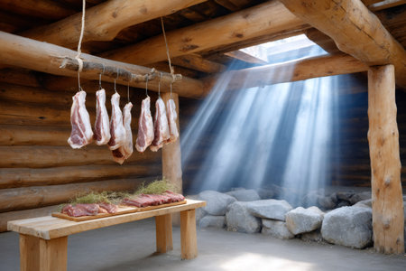 Smokehouse with hanging and resting meat, sun rays filtering through roof opening, preserving food in traditional wayの素材