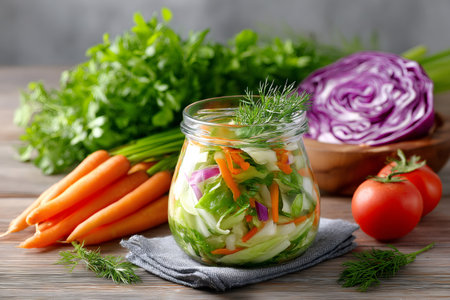 Fresh vegetables and mixed salad inside glass jar on wooden table with carrots, cabbage, tomatoes, parsley and dillの素材