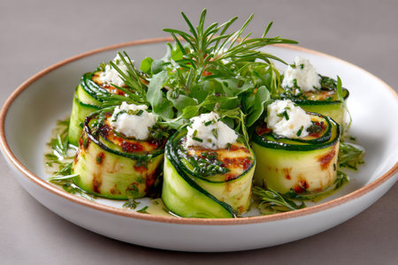 Zucchini rolls topped with goat cheese, herbs and spices are served on a plateの素材
