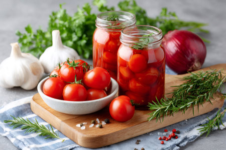 Pickled cherry tomatoes in jars, fresh tomatoes, garlic, onion and herbs on gray backgroundの素材