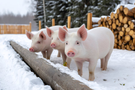 Three young pigs standing in snow at farm in winterの素材