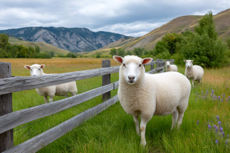 Flock of sheep grazing in green pasture near wooden fence with mountains in backgroundの素材