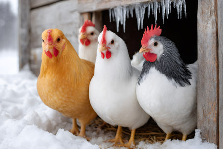 Three chickens standing in the snow in front of their coopの素材