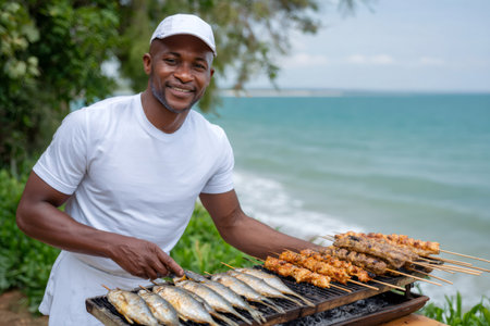 African chef grilling fish and meat skewers on barbecue by the seaの素材