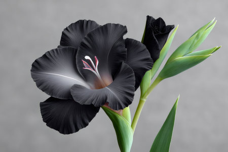 Elegant black gladiolus flower with green stem and leaves on a gray background, creating a beautiful contrastの素材