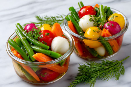Pickled vegetables like carrots, green beans, pearl onions, cherry tomatoes and radish resting in glass jarsの素材