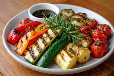 Grilled zucchini, peppers, cherry tomatoes and halloumi cheese with balsamic vinegar and rosemaryの素材