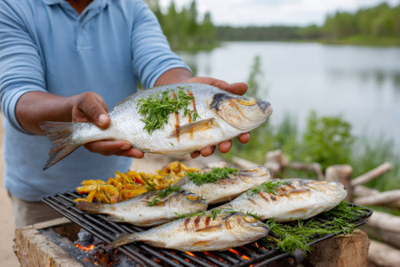 Cook holding grilled fish with dill over barbecue grill with vegetables near lakeの素材