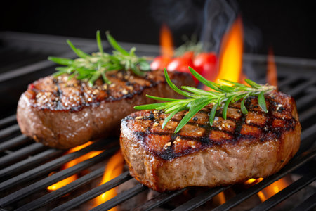 Two seasoned beef steaks grilling on barbecue fire grill with rosemary and tomatoesの素材