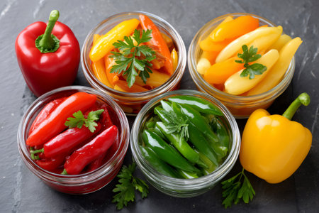 Pickled hot and sweet peppers and parsley resting in glass jars on dark gray slateの素材