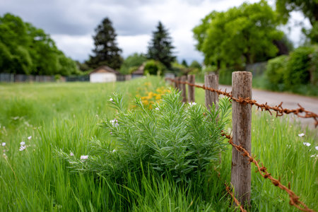 Barbed wire fence dividing a green field from a country road, creating a separation between nature and man-made structuresの素材