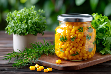 Glass jar full of sweet corn kernels and dill, placed on wooden cutting board, process of preserving food for winterの素材