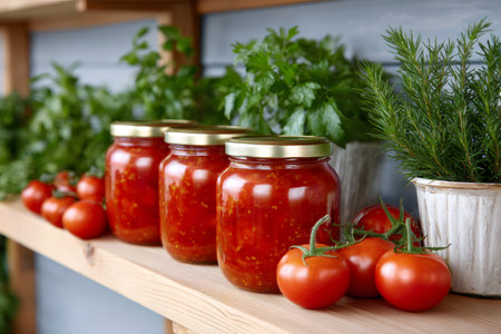Glass jars with homemade tomato sauce, fresh tomatoes and aromatic herbs on wooden shelfの素材