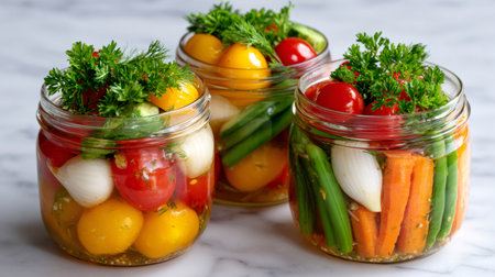 Jars of pickled vegetables like carrots, tomatoes, green beans and onions preserving food for winterの素材