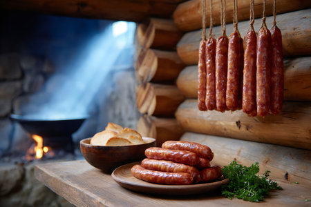 Delicious sausages hanging and arranged on a wooden plate, with bread and herbs, in a cozy cabin with a fireplaceの素材