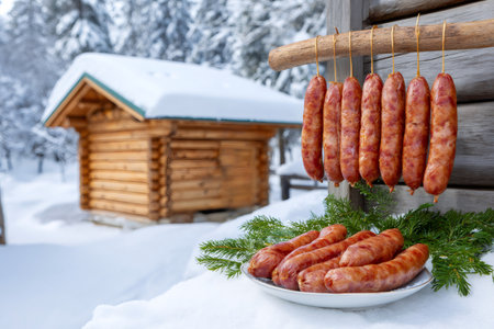 Delicious homemade sausages hanging near a wooden cottage during a snowy winterの素材