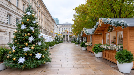 Christmas market stalls and Christmas trees creating a festive atmosphere in Munich, Germanyの素材
