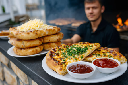 Delicious khachapuri with melted cheese and parsley near bowls of ketchup and tomato sauce, cooked on a wood-fired ovenの素材
