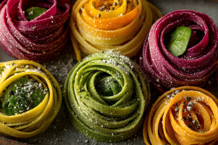 Delicious colorful pasta nests seasoned with salt and pepper sitting on a gray surface, ready to be cookedの素材
