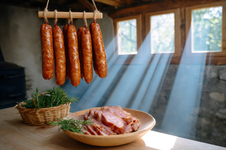 Hanging sausages with sliced ham and rosemary in smokehouse with light beamsの素材