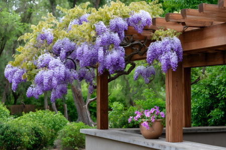 Wisteria floribunda with purple flowers hanging from wooden pergola in springtime garden, with pink petunias in terracotta potの素材