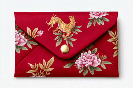 Red envelope decorated with golden dragon and peonies, symbolizing good fortune and prosperity during Chinese New Yearの素材
